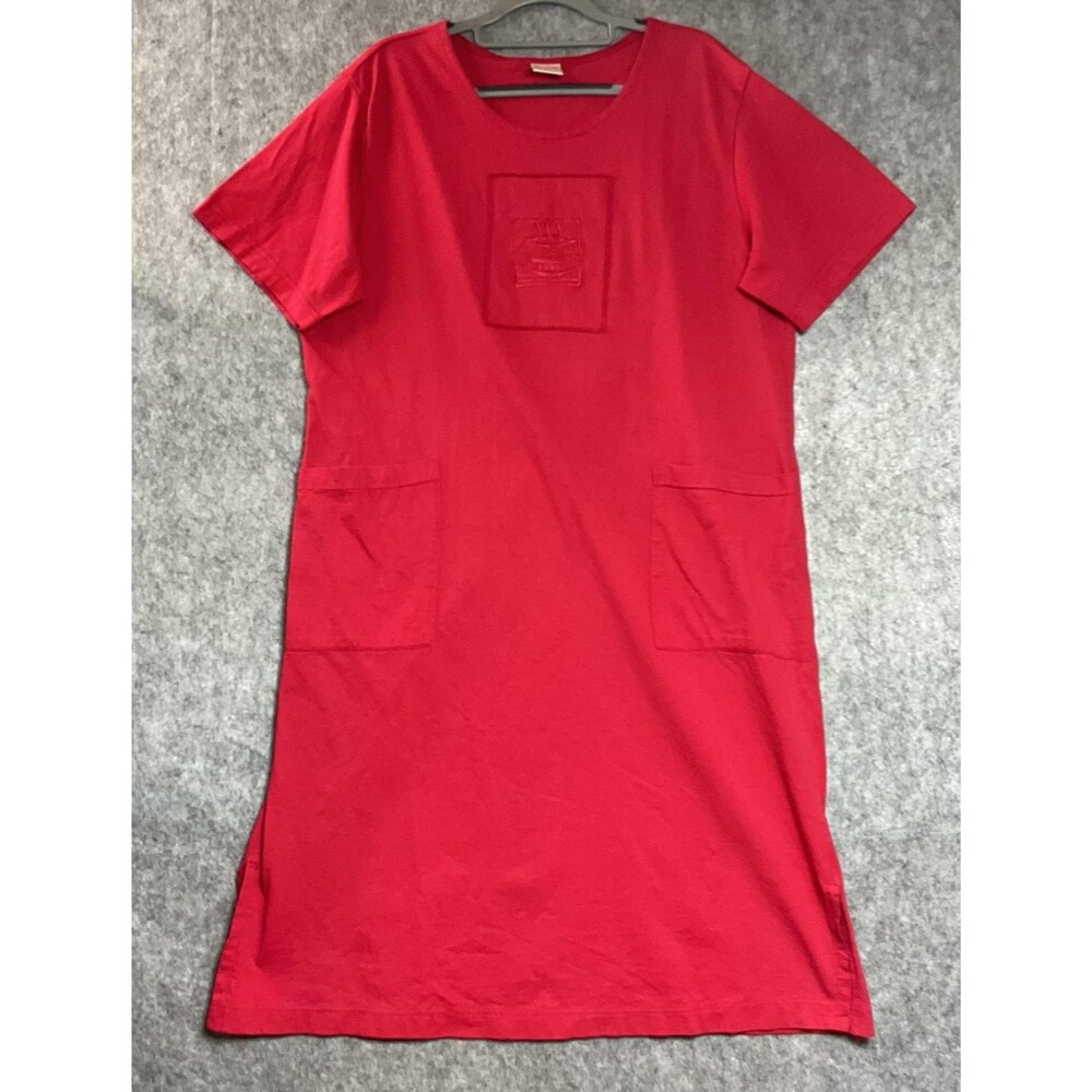Vintage Cactus Dress Womens L Red Cotton Shift Midi Embroidered Pockets USA Made